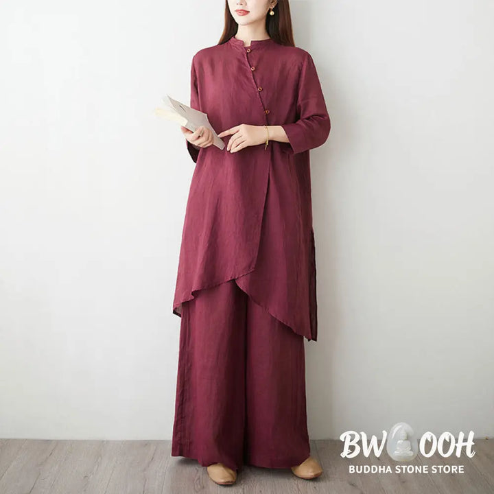 Buddha Stones Casual 2pcs Plain Three Quarter Sleeve Slanted Collar Shirt Top Wide Leg Pants With Pockets Meditation