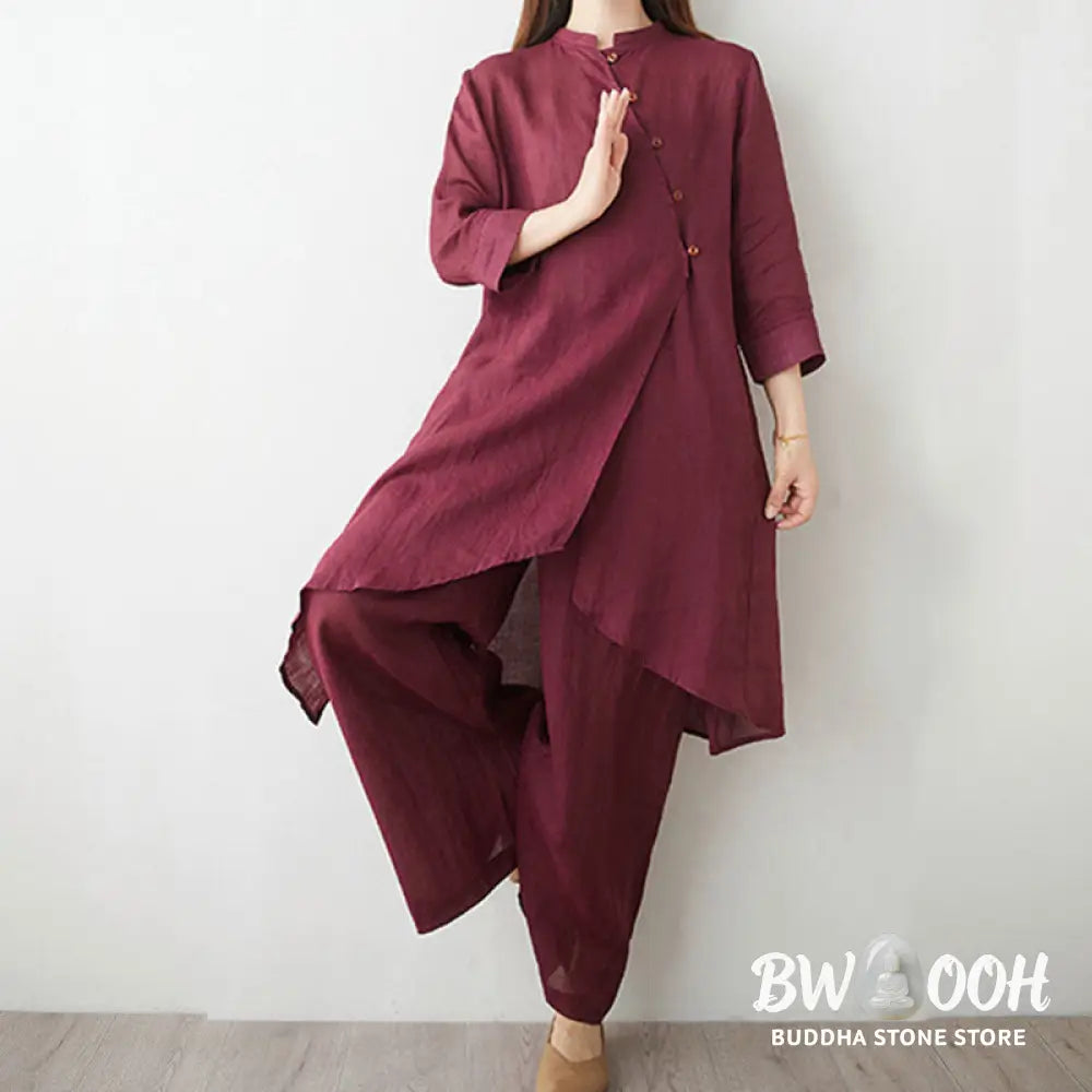Buddha Stones Casual 2pcs Plain Three Quarter Sleeve Slanted Collar Shirt Top Wide Leg Pants With Pockets Meditation