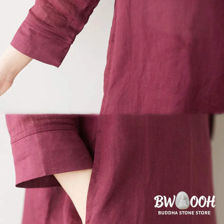 Buddha Stones Casual 2pcs Plain Three Quarter Sleeve Slanted Collar Shirt Top Wide Leg Pants With Pockets Meditation