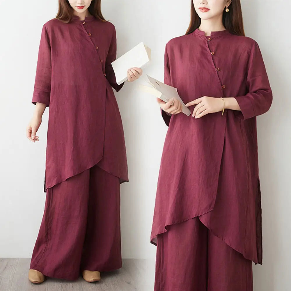 Buddha Stones Casual 2pcs Plain Three Quarter Sleeve Slanted Collar Shirt Top Wide Leg Pants With Pockets Meditation