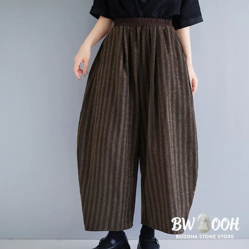 Buddha Stones Casual 7-8 Length Corduroy Stripes Women’s Polyester Wide Leg Pants With Pockets - Women’s Wide Leg Pants