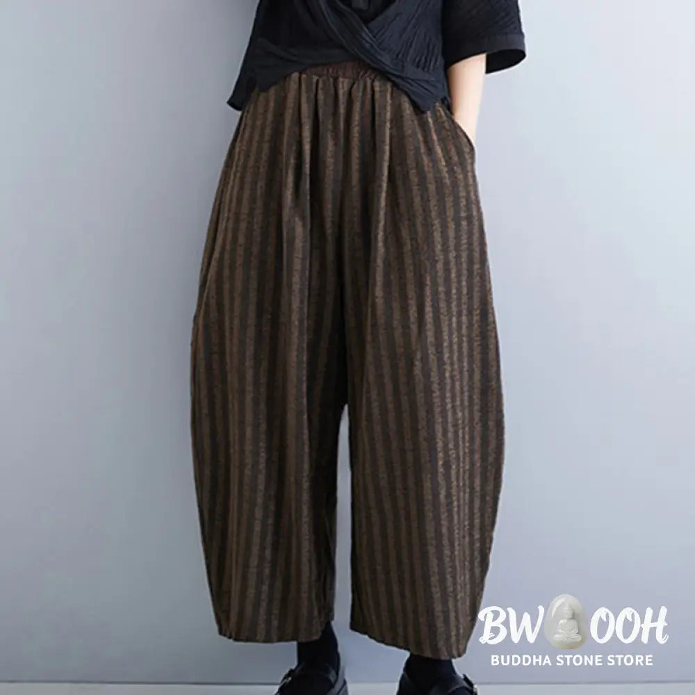 Buddha Stones Casual 7-8 Length Corduroy Stripes Women’s Polyester Wide Leg Pants With Pockets - Women’s Wide Leg Pants