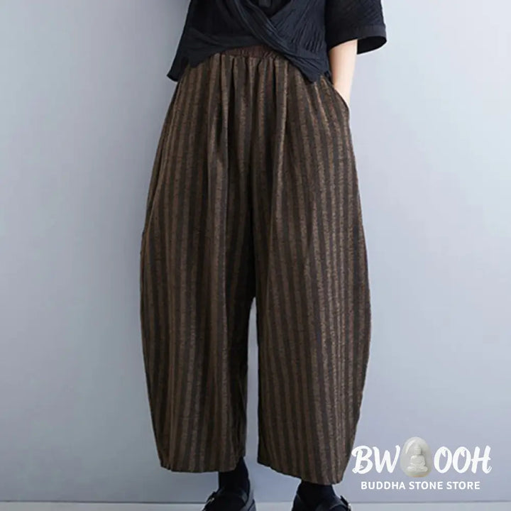 Buddha Stones Casual 7-8 Length Corduroy Stripes Women’s Polyester Wide Leg Pants With Pockets - Women’s Wide Leg Pants