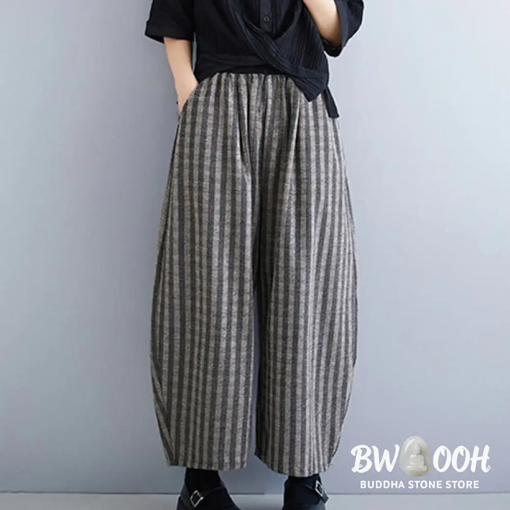Buddha Stones Casual 7-8 Length Corduroy Stripes Women’s Polyester Wide Leg Pants With Pockets - Women’s Wide Leg Pants