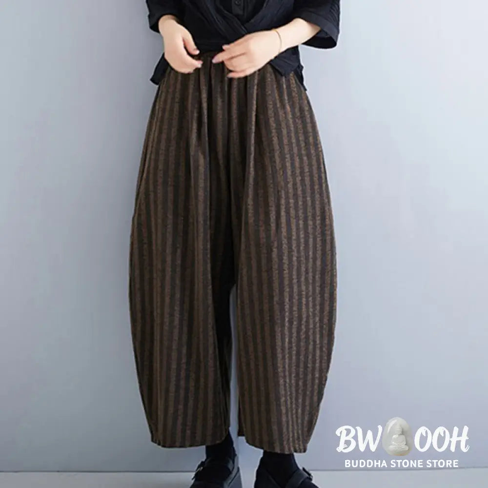 Buddha Stones Casual 7-8 Length Corduroy Stripes Women’s Polyester Wide Leg Pants With Pockets - Women’s Wide Leg Pants