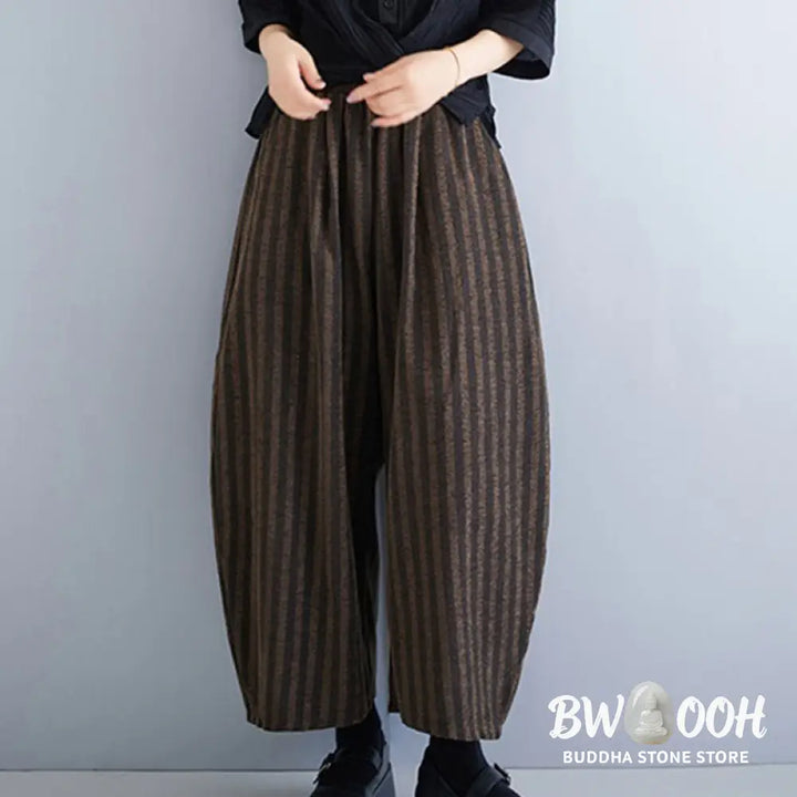 Buddha Stones Casual 7-8 Length Corduroy Stripes Women’s Polyester Wide Leg Pants With Pockets - Women’s Wide Leg Pants