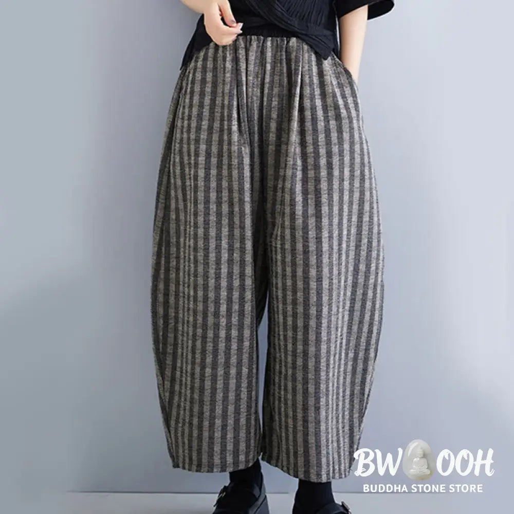 Buddha Stones Casual 7-8 Length Corduroy Stripes Women’s Polyester Wide Leg Pants With Pockets - Women’s Wide Leg Pants