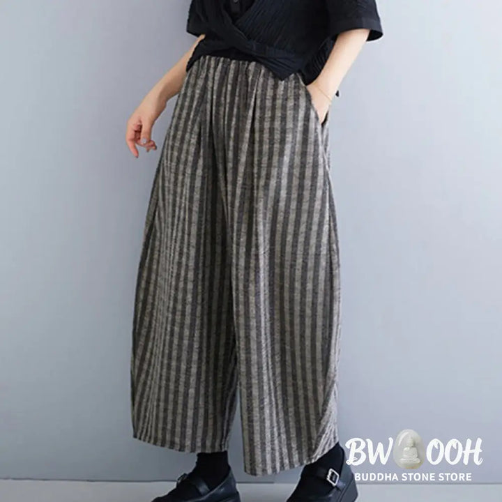 Buddha Stones Casual 7-8 Length Corduroy Stripes Women’s Polyester Wide Leg Pants With Pockets - Women’s Wide Leg Pants