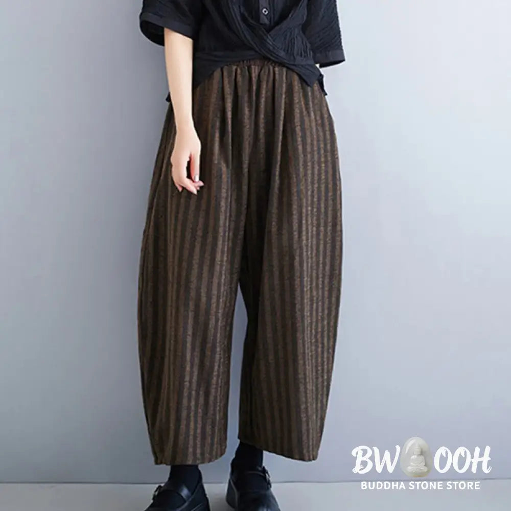 Buddha Stones Casual 7-8 Length Corduroy Stripes Women’s Polyester Wide Leg Pants With Pockets - Women’s Wide Leg Pants