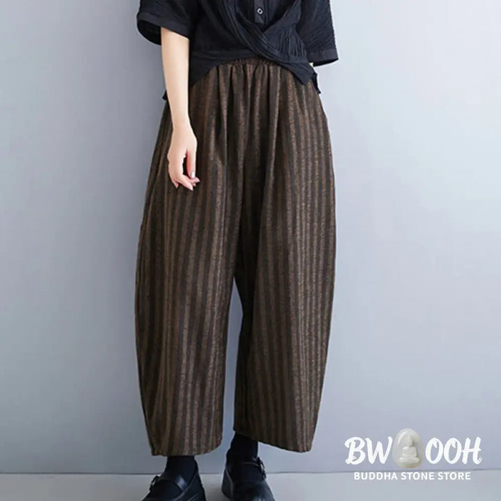 Buddha Stones Casual 7-8 Length Corduroy Stripes Women’s Polyester Wide Leg Pants With Pockets - Women’s Wide Leg Pants