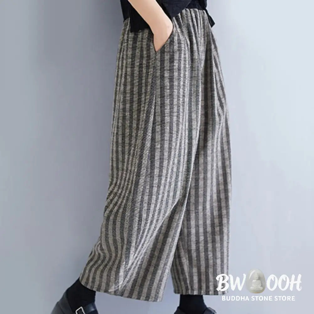 Buddha Stones Casual 7-8 Length Corduroy Stripes Women’s Polyester Wide Leg Pants With Pockets - Women’s Wide Leg Pants