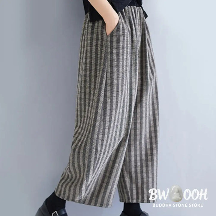 Buddha Stones Casual 7-8 Length Corduroy Stripes Women’s Polyester Wide Leg Pants With Pockets - Women’s Wide Leg Pants