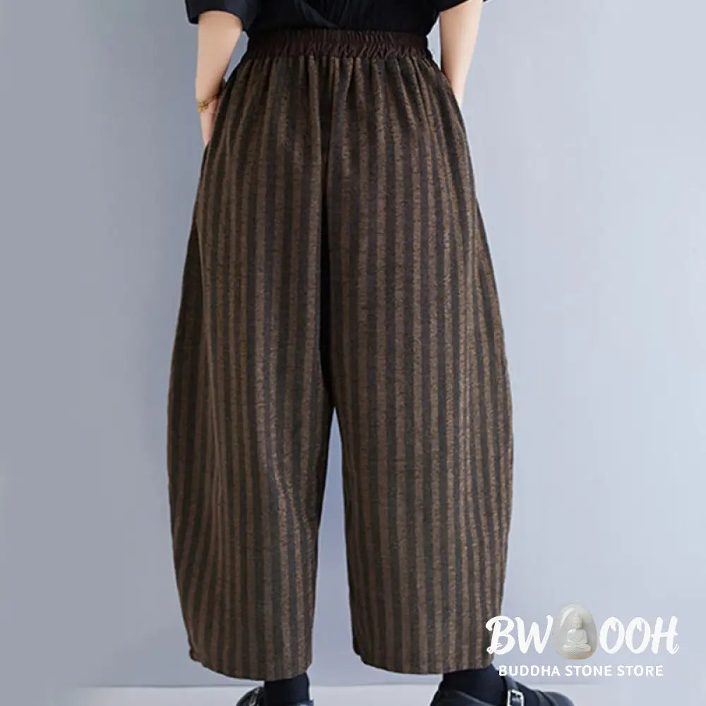 Buddha Stones Casual 7-8 Length Corduroy Stripes Women’s Polyester Wide Leg Pants With Pockets - Women’s Wide Leg Pants
