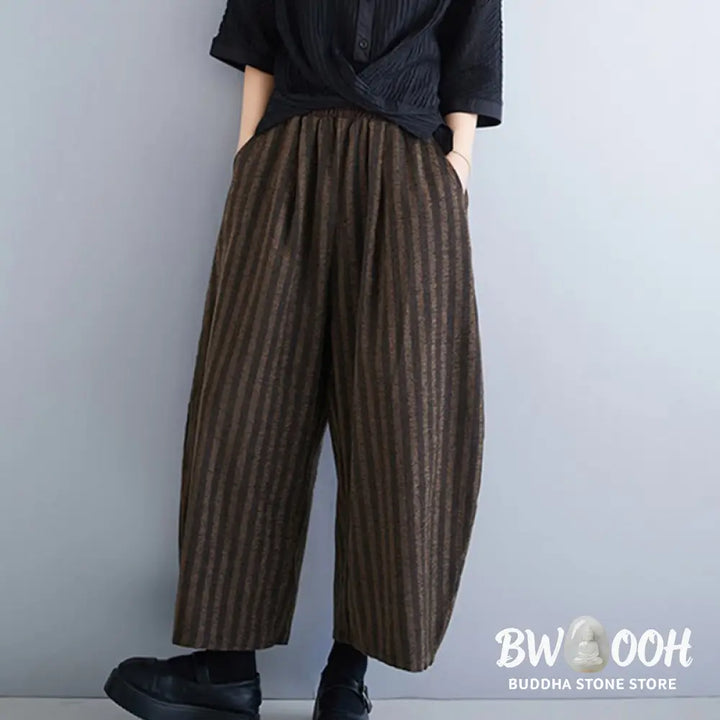 Buddha Stones Casual 7-8 Length Corduroy Stripes Women’s Polyester Wide Leg Pants With Pockets - Women’s Wide Leg Pants