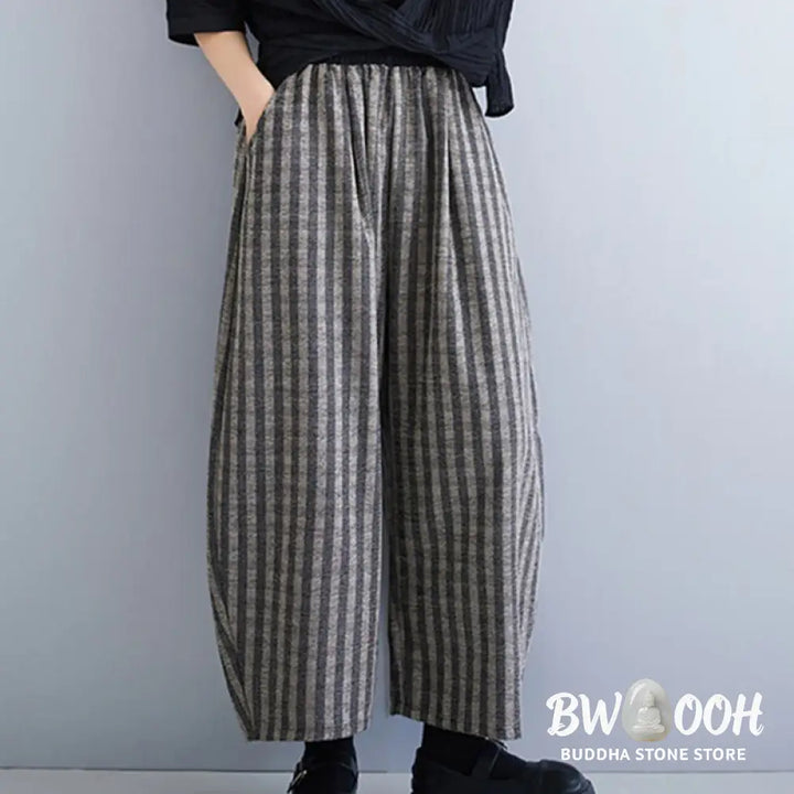Buddha Stones Casual 7-8 Length Corduroy Stripes Women’s Polyester Wide Leg Pants With Pockets - Women’s Wide Leg Pants