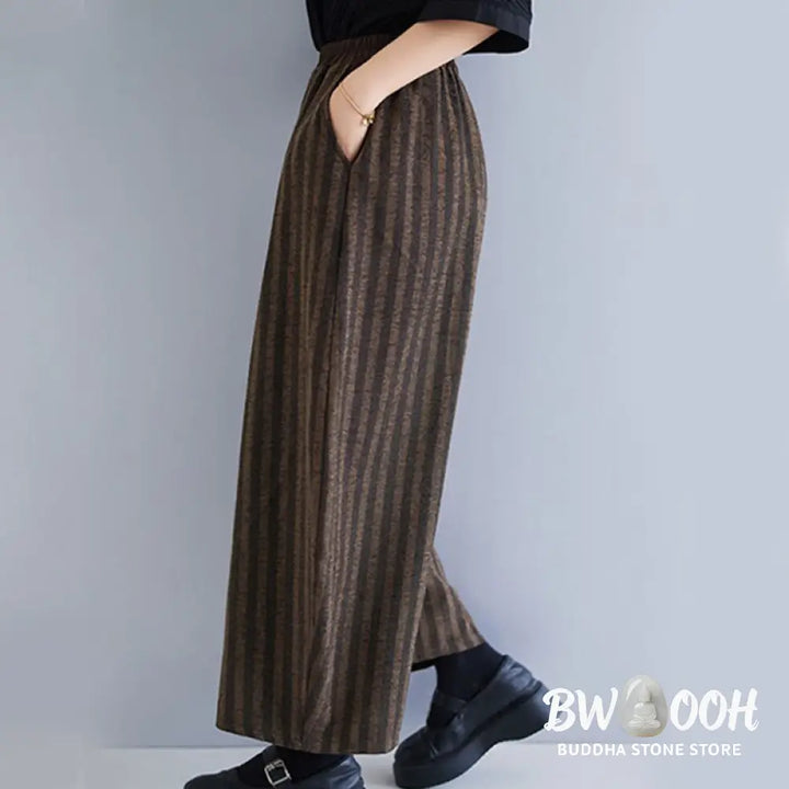 Buddha Stones Casual 7-8 Length Corduroy Stripes Women’s Polyester Wide Leg Pants With Pockets - Women’s Wide Leg Pants