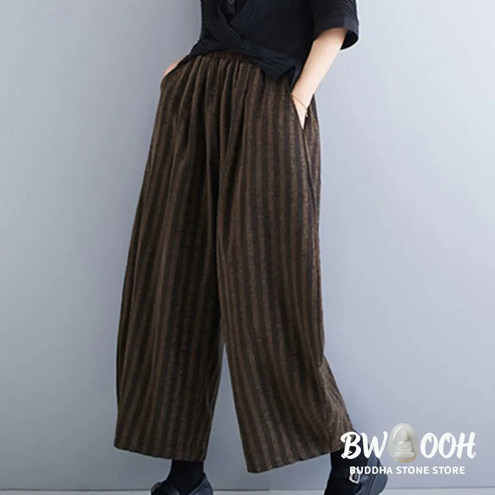 Buddha Stones Casual 7-8 Length Corduroy Stripes Women’s Polyester Wide Leg Pants With Pockets - Women’s Wide Leg Pants