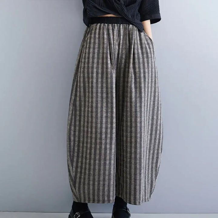 Buddha Stones Casual 7-8 Length Corduroy Stripes Women’s Polyester Wide Leg Pants With Pockets - DimGray