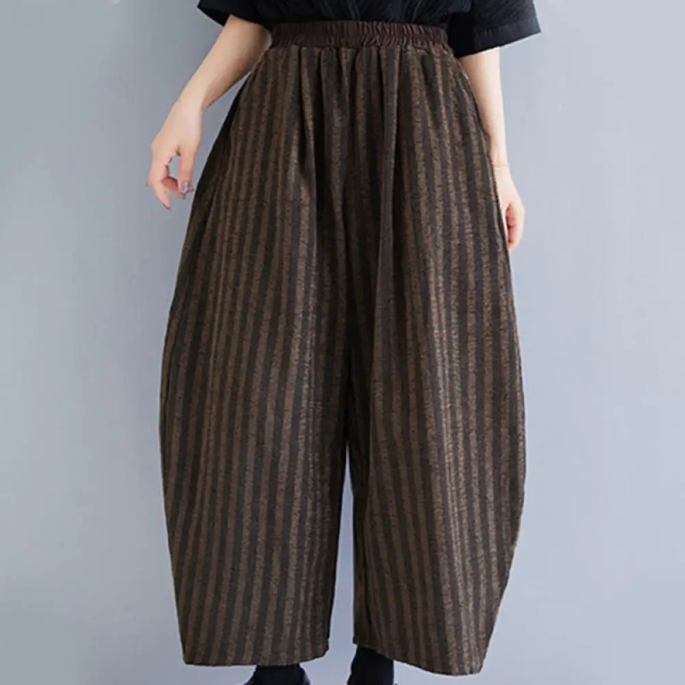 Buddha Stones Casual 7-8 Length Corduroy Stripes Women’s Polyester Wide Leg Pants With Pockets - SaddleBrown