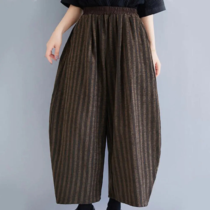 Buddha Stones Casual 7-8 Length Corduroy Stripes Women’s Polyester Wide Leg Pants With Pockets - SaddleBrown