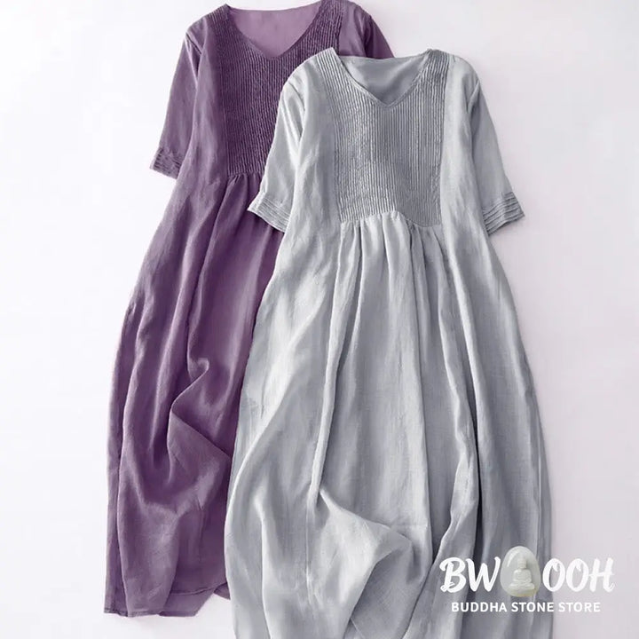 Buddha Stones Casual Accordion Pleat Plain V-neck Short Sleeve Cotton Midi Dress With Pockets - Midi Dress