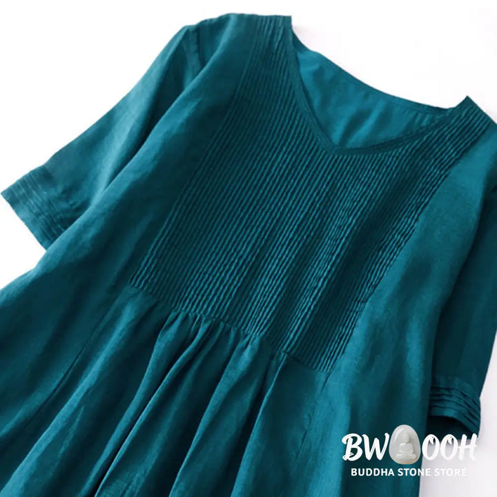 Buddha Stones Casual Accordion Pleat Plain V-neck Short Sleeve Cotton Midi Dress With Pockets - Midi Dress