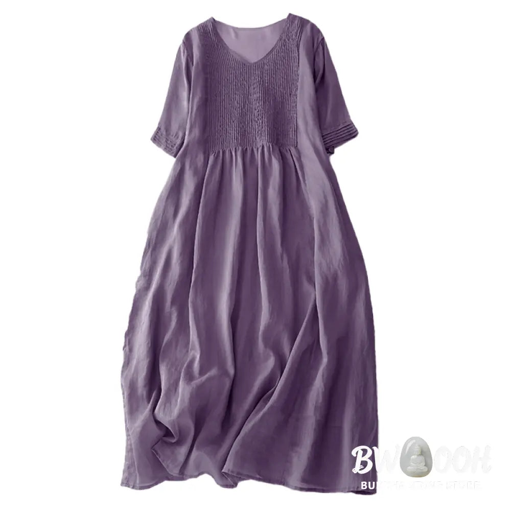 Buddha Stones Casual Accordion Pleat Plain V-neck Short Sleeve Cotton Midi Dress With Pockets - Midi Dress
