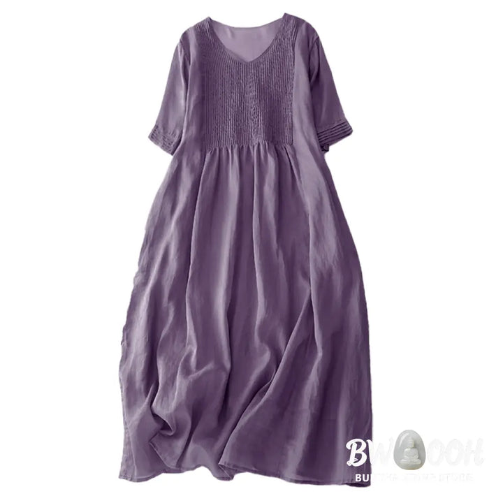 Buddha Stones Casual Accordion Pleat Plain V-neck Short Sleeve Cotton Midi Dress With Pockets - Midi Dress