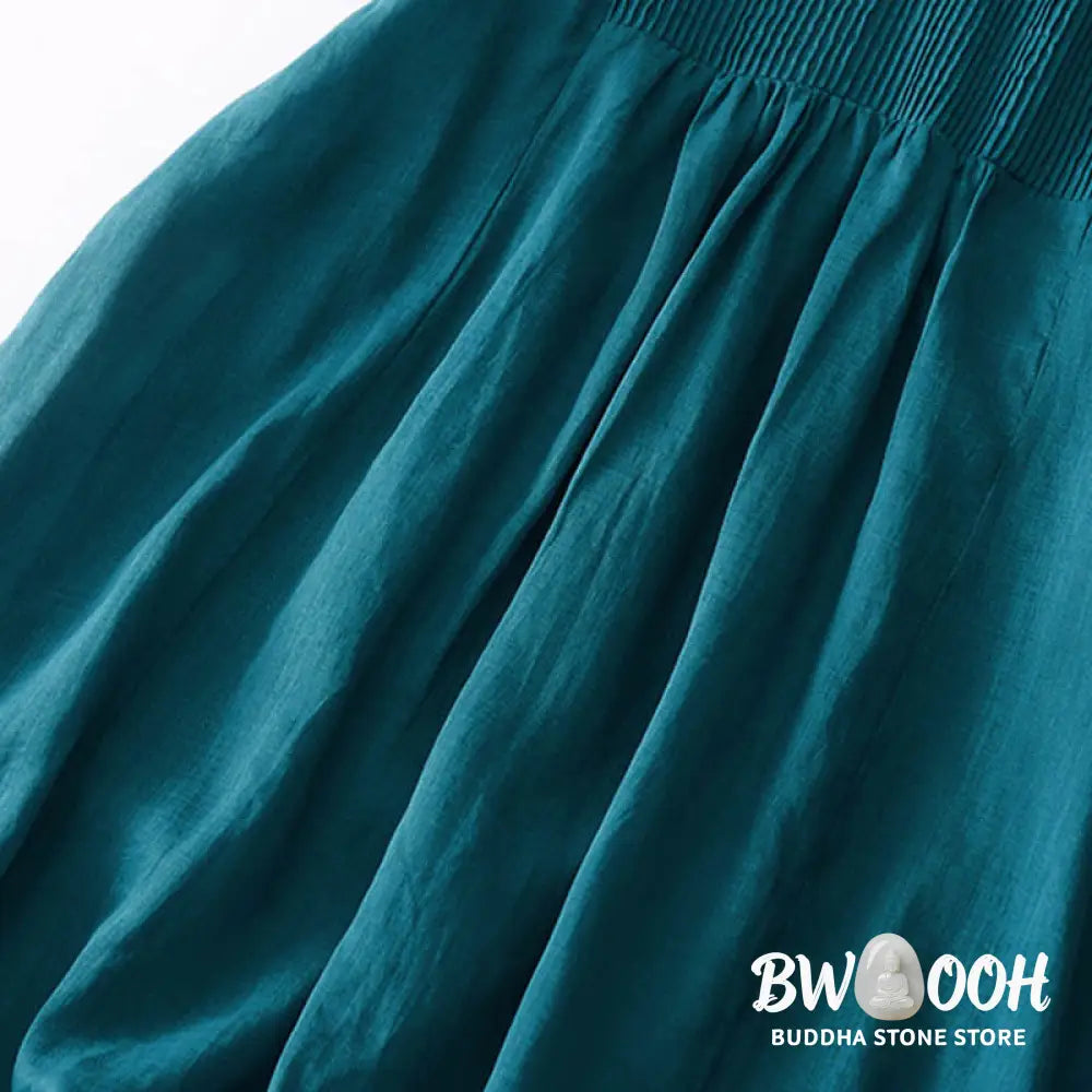 Buddha Stones Casual Accordion Pleat Plain V-neck Short Sleeve Cotton Midi Dress With Pockets - Midi Dress
