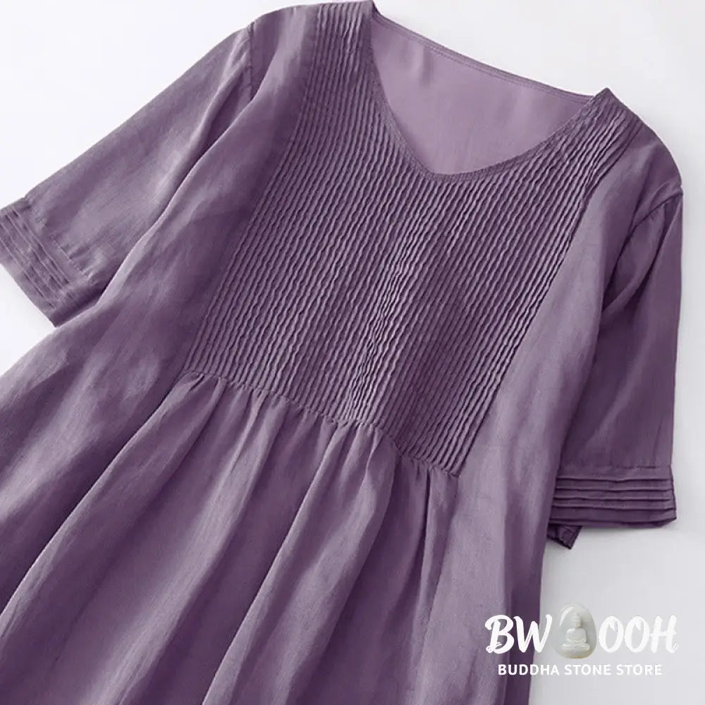 Buddha Stones Casual Accordion Pleat Plain V-neck Short Sleeve Cotton Midi Dress With Pockets - Midi Dress