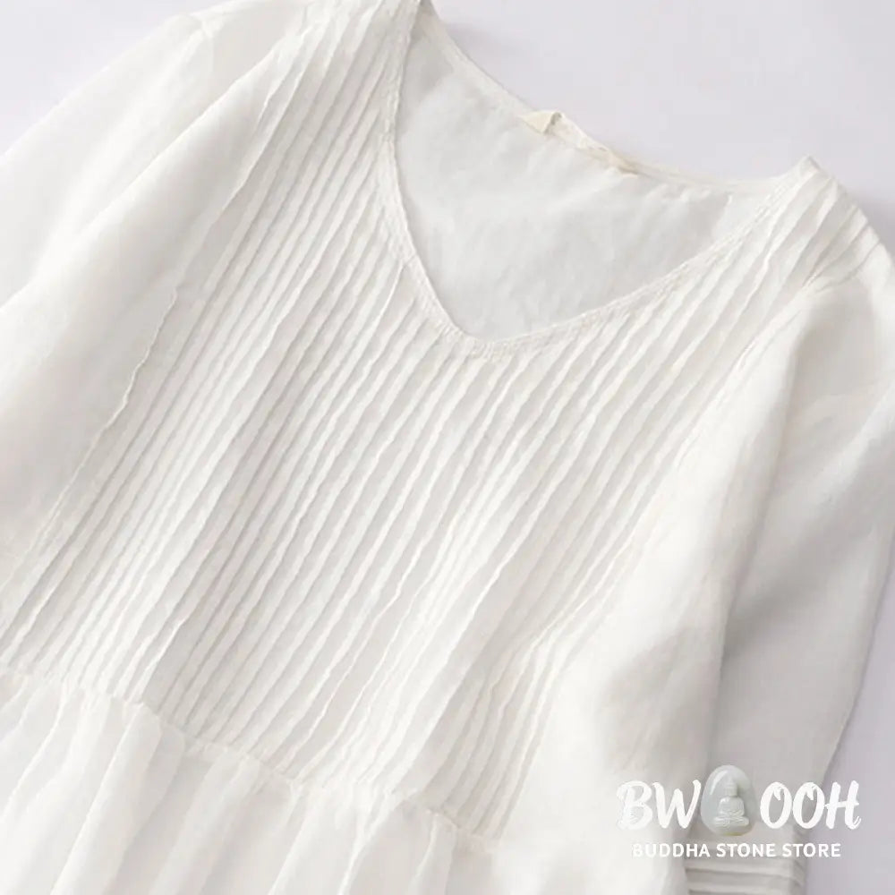 Buddha Stones Casual Accordion Pleat Plain V-neck Short Sleeve Cotton Midi Dress With Pockets - Midi Dress
