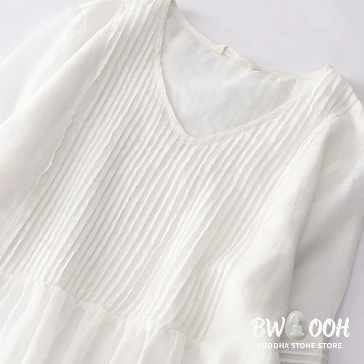 Buddha Stones Casual Accordion Pleat Plain V-neck Short Sleeve Cotton Midi Dress With Pockets - Midi Dress