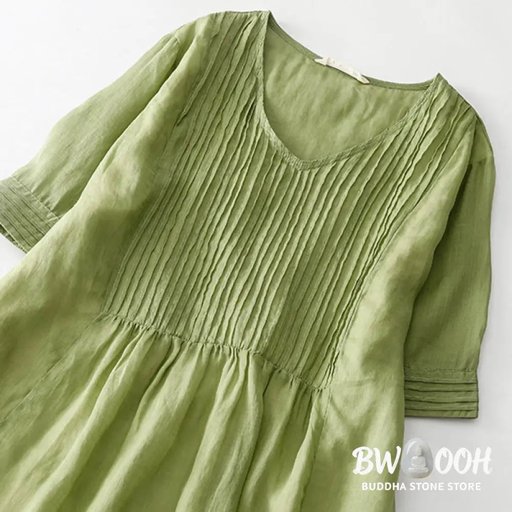 Buddha Stones Casual Accordion Pleat Plain V-neck Short Sleeve Cotton Midi Dress With Pockets - Midi Dress