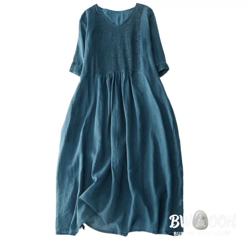 Buddha Stones Casual Accordion Pleat Plain V-neck Short Sleeve Cotton Midi Dress With Pockets - Midi Dress