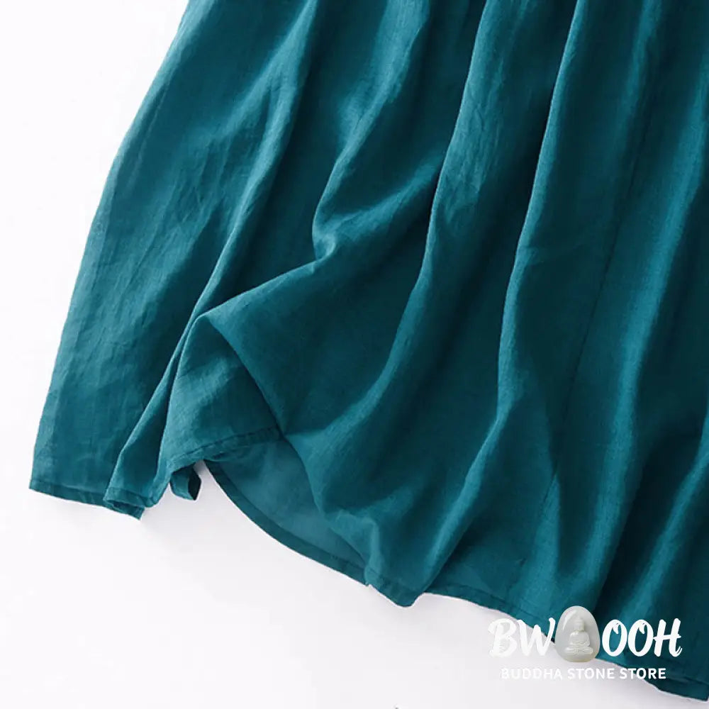 Buddha Stones Casual Accordion Pleat Plain V-neck Short Sleeve Cotton Midi Dress With Pockets - Midi Dress