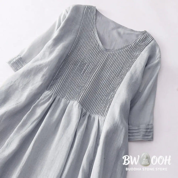 Buddha Stones Casual Accordion Pleat Plain V-neck Short Sleeve Cotton Midi Dress With Pockets - Midi Dress