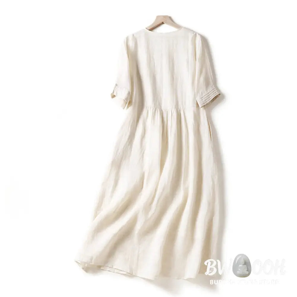 Buddha Stones Casual Accordion Pleat Plain V-neck Short Sleeve Cotton Midi Dress With Pockets - Midi Dress