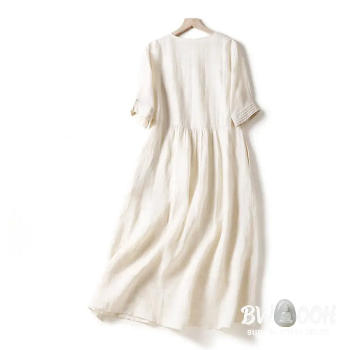 Buddha Stones Casual Accordion Pleat Plain V-neck Short Sleeve Cotton Midi Dress With Pockets - Midi Dress