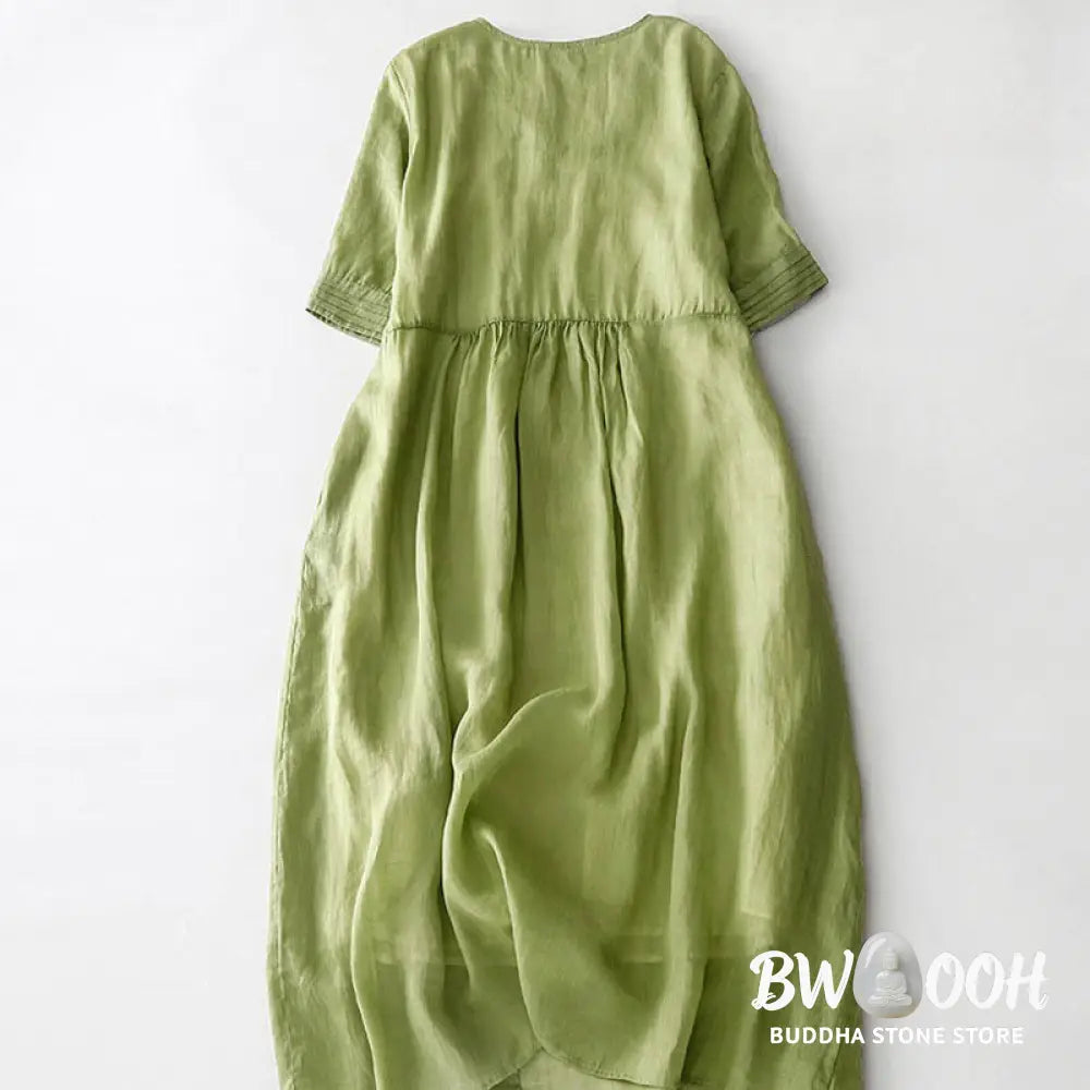 Buddha Stones Casual Accordion Pleat Plain V-neck Short Sleeve Cotton Midi Dress With Pockets - Midi Dress