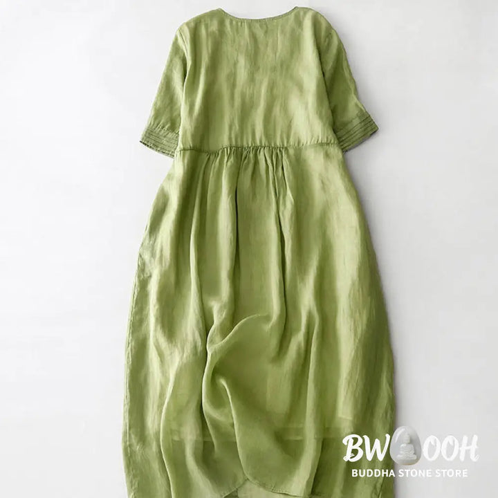 Buddha Stones Casual Accordion Pleat Plain V-neck Short Sleeve Cotton Midi Dress With Pockets - Midi Dress