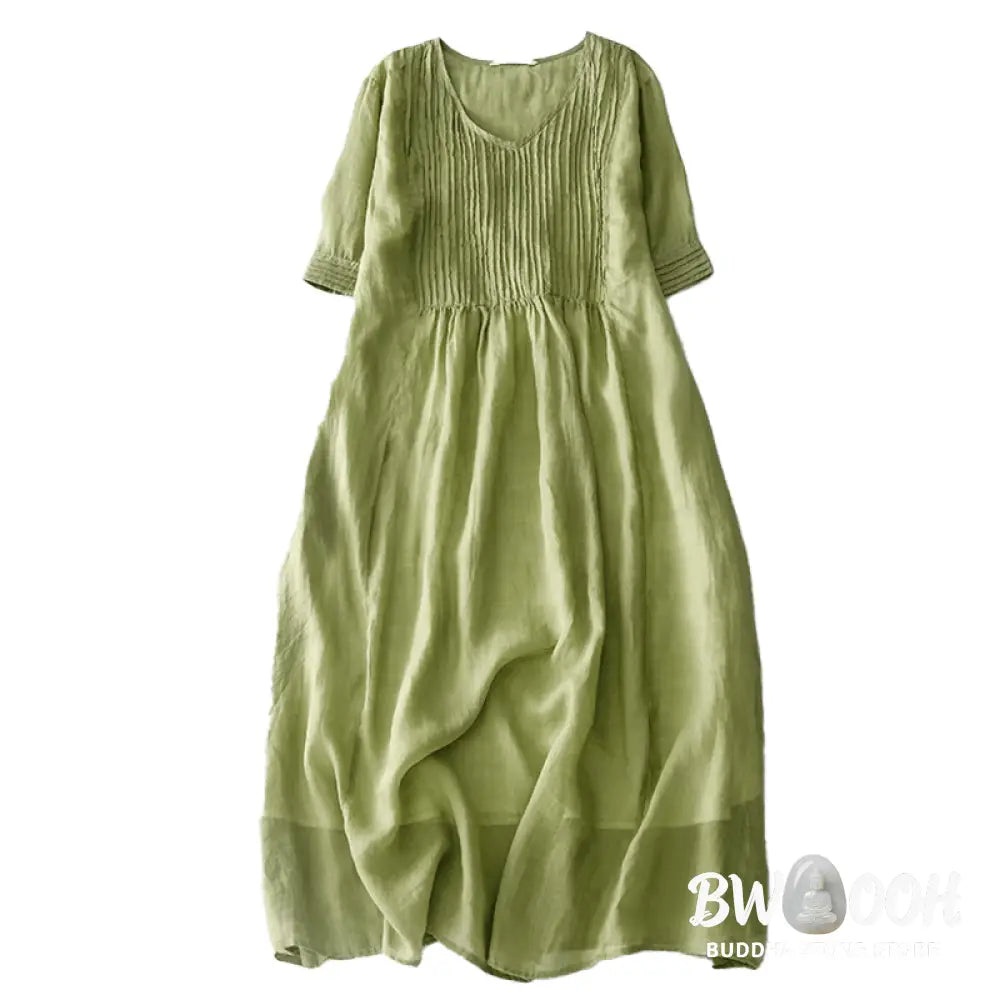 Buddha Stones Casual Accordion Pleat Plain V-neck Short Sleeve Cotton Midi Dress With Pockets - Midi Dress