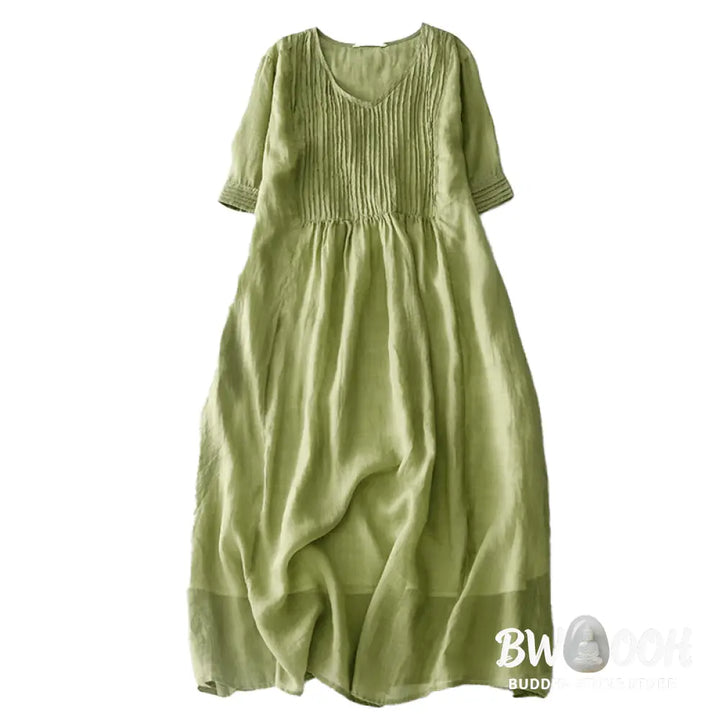 Buddha Stones Casual Accordion Pleat Plain V-neck Short Sleeve Cotton Midi Dress With Pockets - Midi Dress