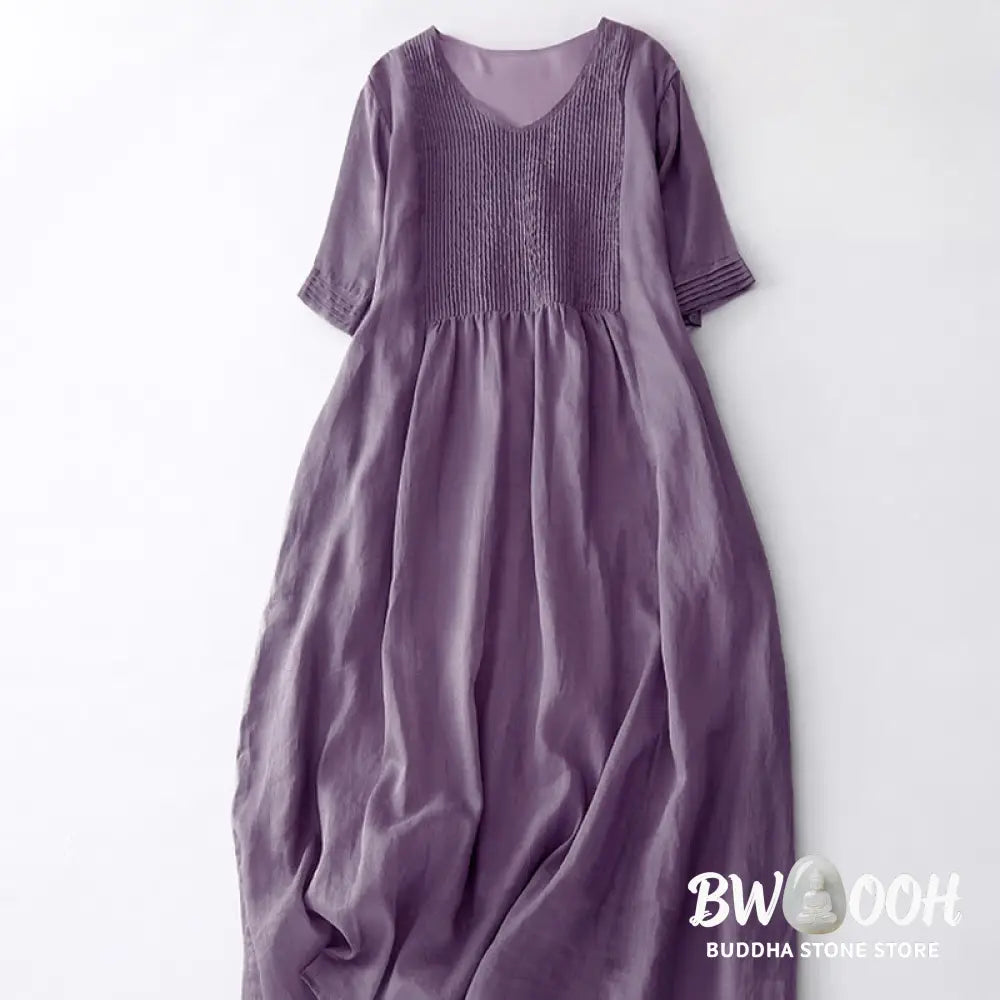 Buddha Stones Casual Accordion Pleat Plain V-neck Short Sleeve Cotton Midi Dress With Pockets - Midi Dress