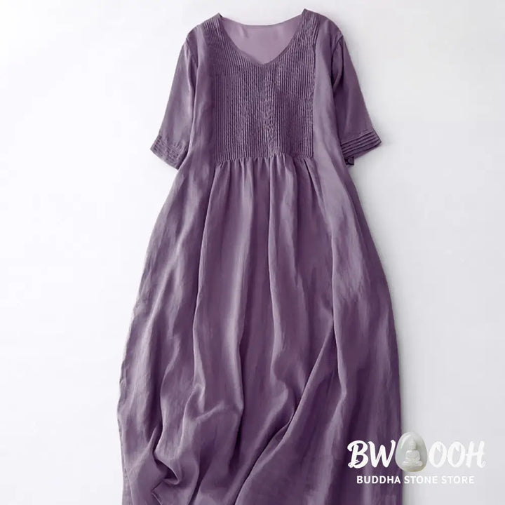 Buddha Stones Casual Accordion Pleat Plain V-neck Short Sleeve Cotton Midi Dress With Pockets - Midi Dress