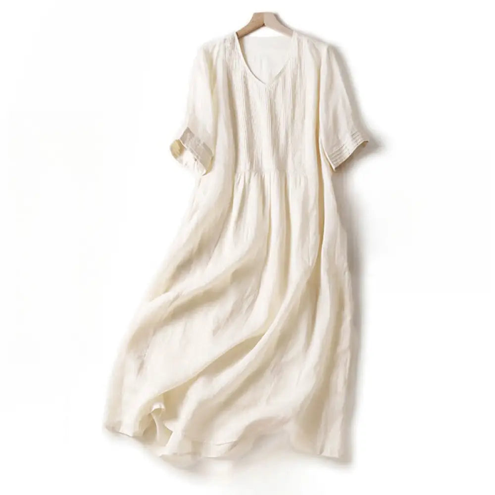 Buddha Stones Casual Accordion Pleat Plain V-neck Short Sleeve Cotton Midi Dress With Pockets - OldLace