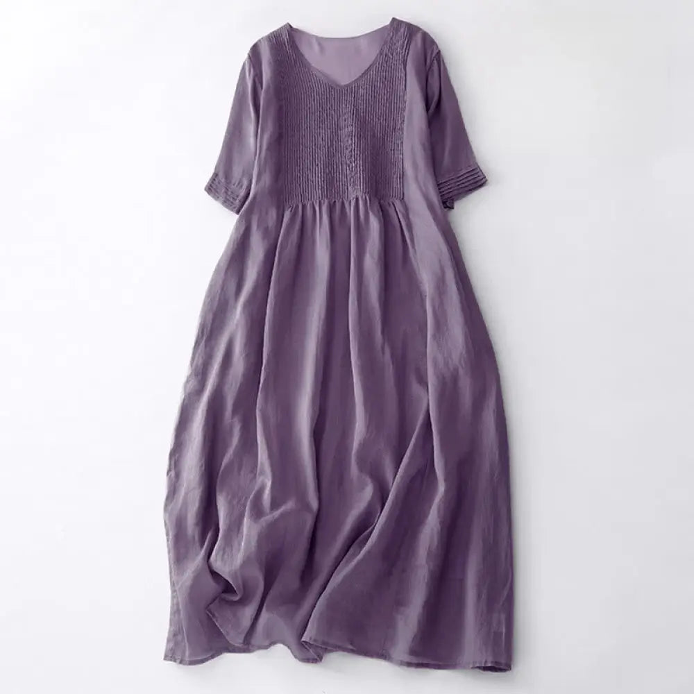Buddha Stones Casual Accordion Pleat Plain V-neck Short Sleeve Cotton Midi Dress With Pockets - Plum