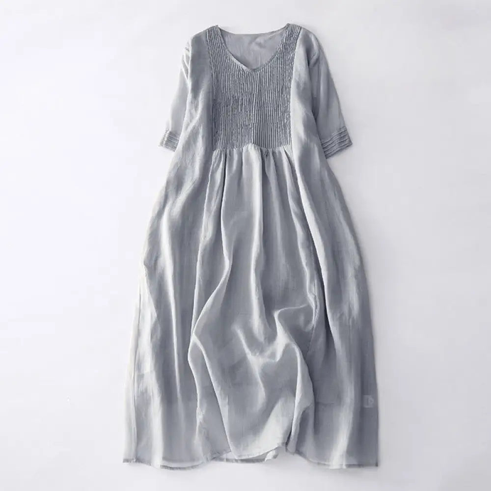 Buddha Stones Casual Accordion Pleat Plain V-neck Short Sleeve Cotton Midi Dress With Pockets - Silver