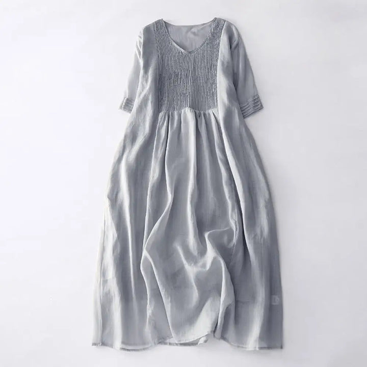 Buddha Stones Casual Accordion Pleat Plain V-neck Short Sleeve Cotton Midi Dress With Pockets - Silver