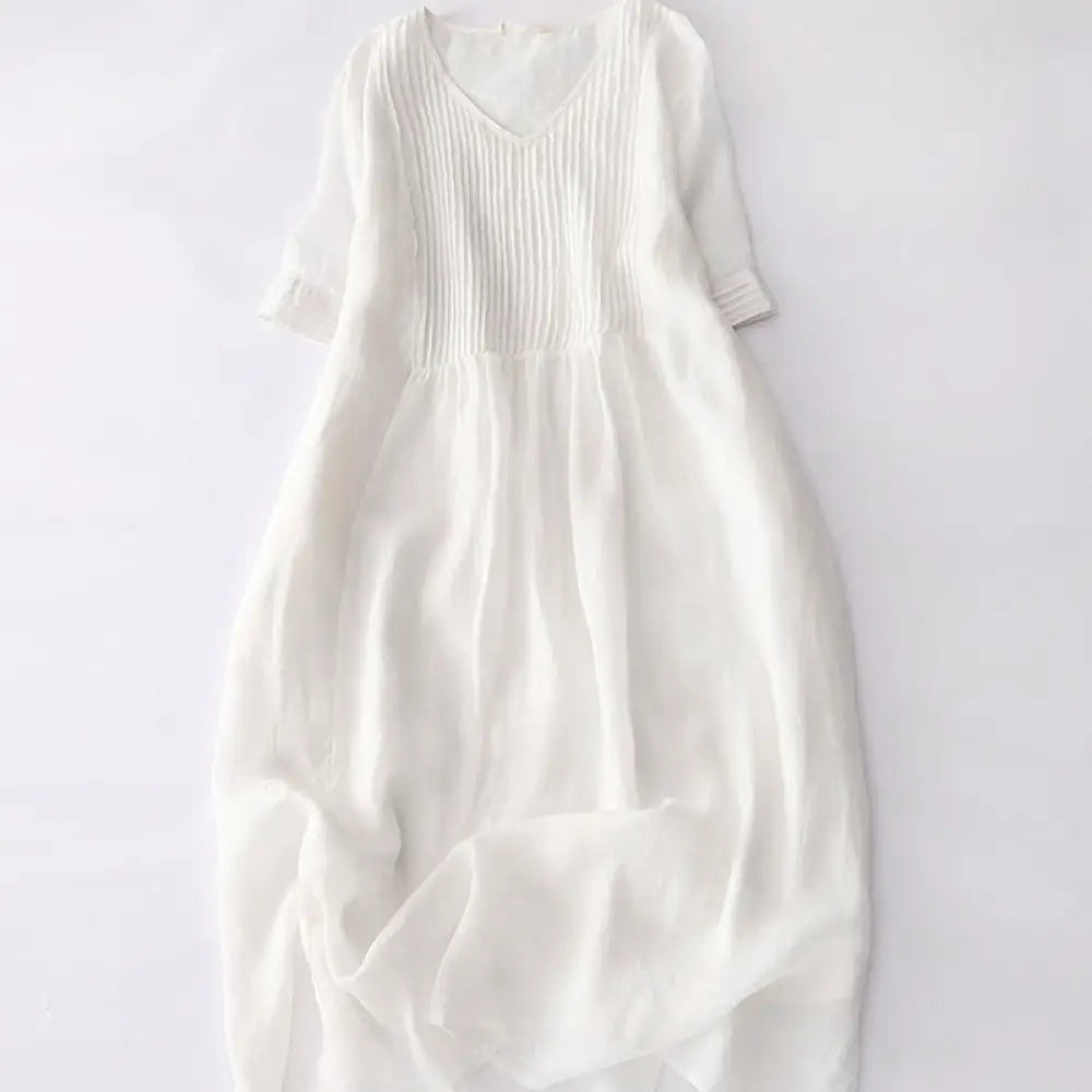 Buddha Stones Casual Accordion Pleat Plain V-neck Short Sleeve Cotton Midi Dress With Pockets - Snow