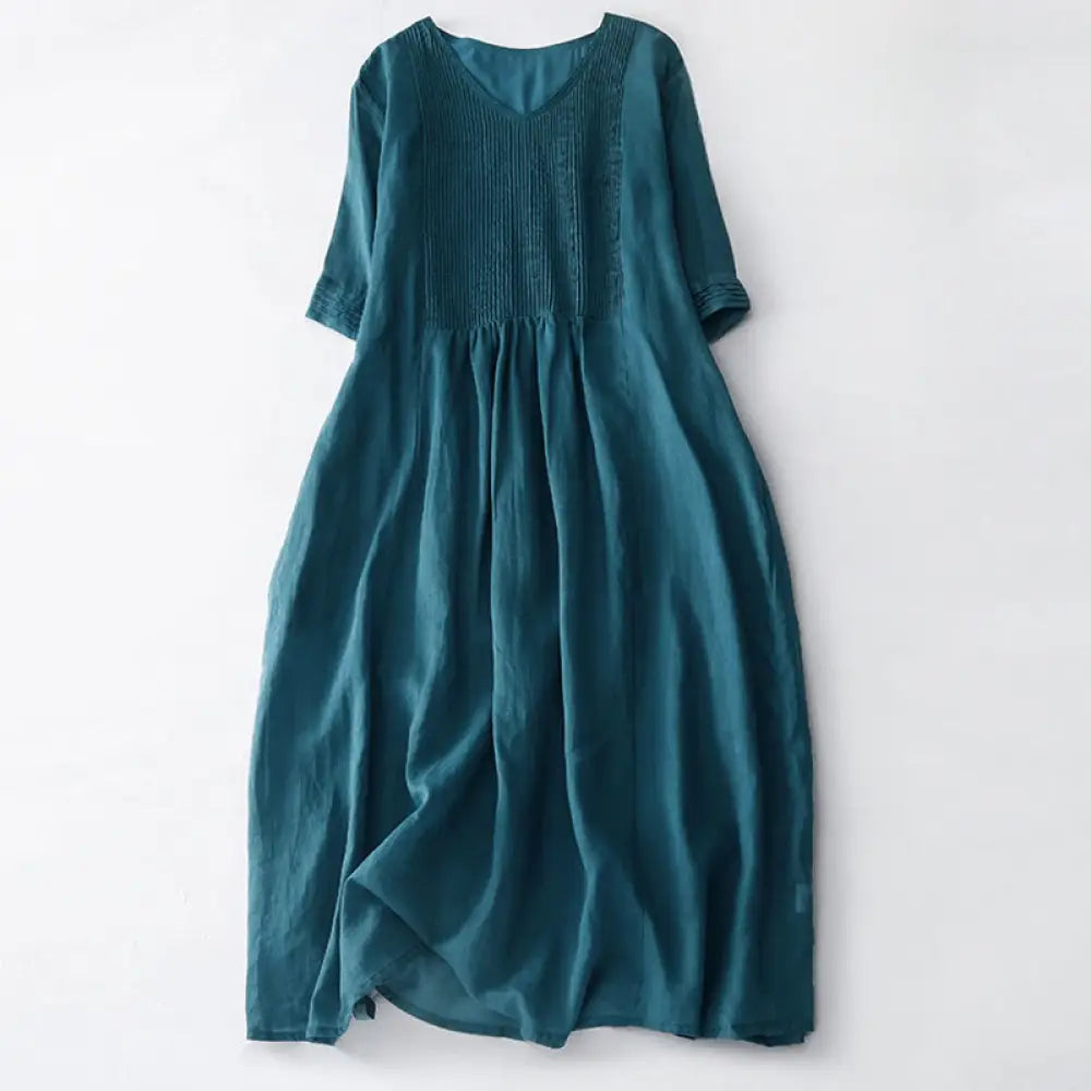 Buddha Stones Casual Accordion Pleat Plain V-neck Short Sleeve Cotton Midi Dress With Pockets - SteelBlue